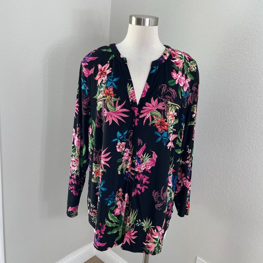 INC Womens Plus 3X Floral Long Sleeve Tunic Top Stretch Blouse V Neck Zip Pocket